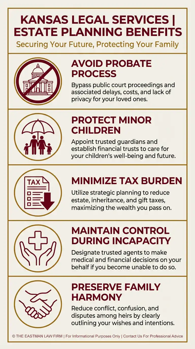 Five key benefits of estate planning for Kansas families including probate avoidance and tax savings 