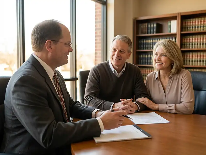 Kansas family discussing estate planning needs with attorney in Leawood office