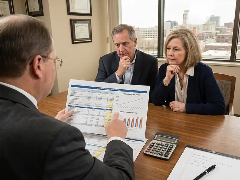 Tax and financial planning consultation with Leawood estate attorney discussing wealth preservation strategies